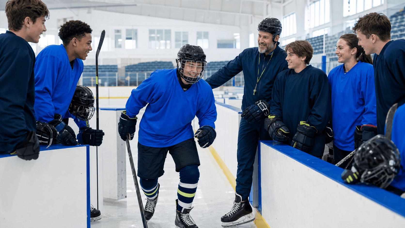 Young ice hockey players gathering with their coach at a bright indoor rink