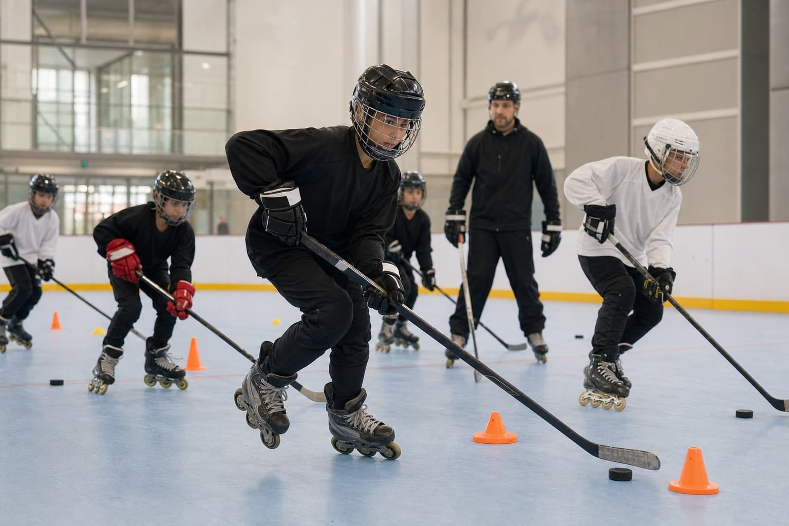 Players in inline skates during an outdoor session